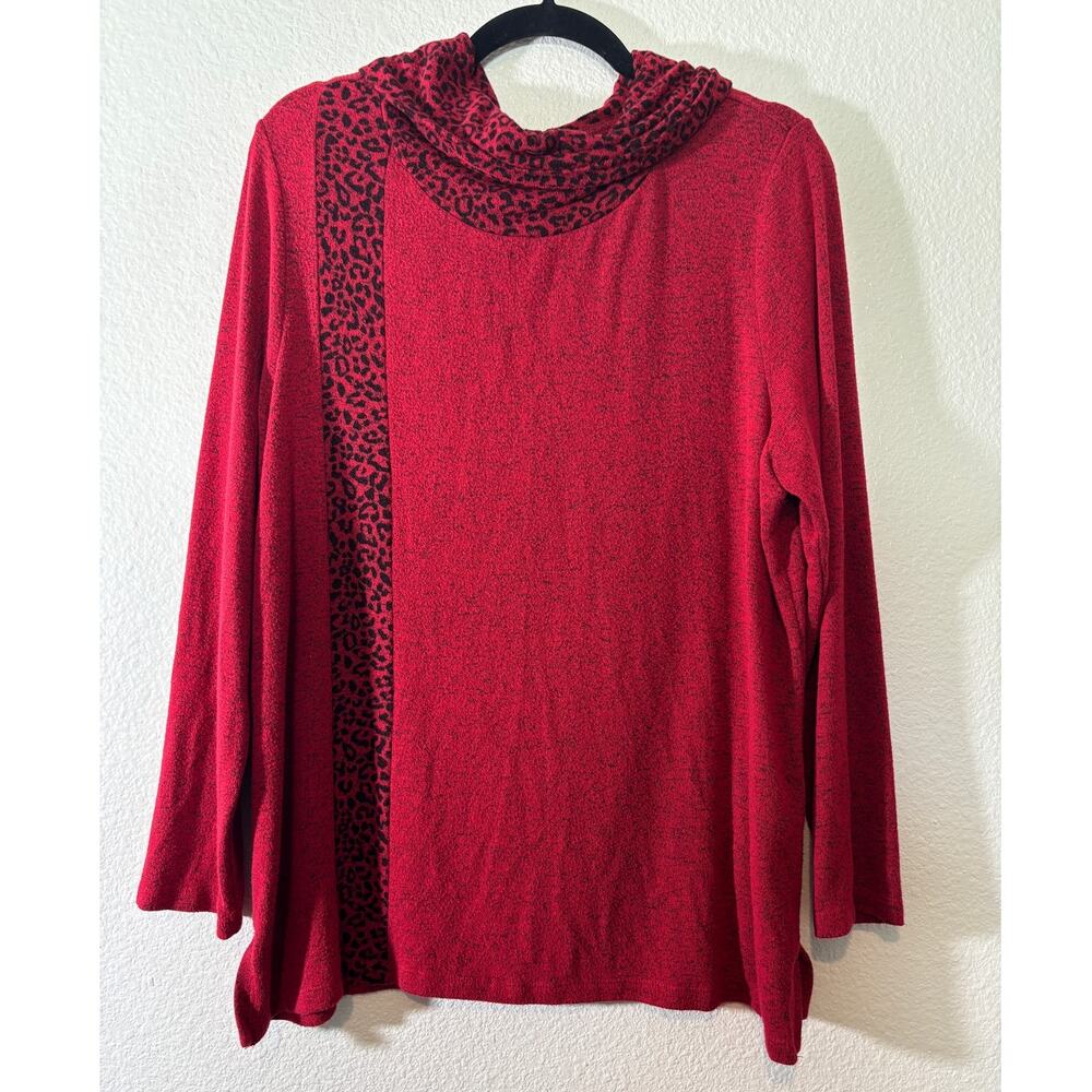 Chico's Weekends Size 2 (L) Red Long Sleeve Leopard Cheetah Cowl Neck Top